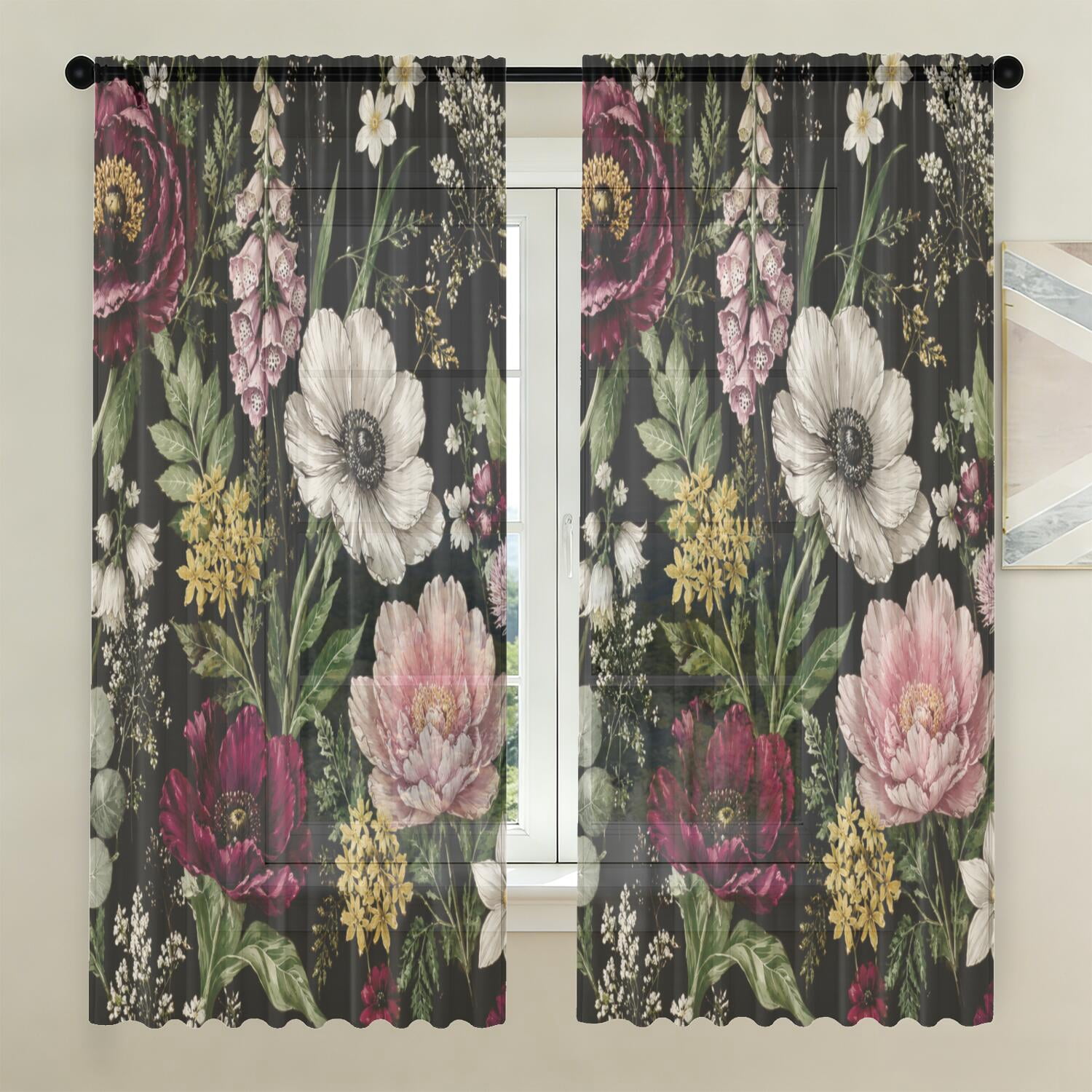 Reg Pock Yellow & Red Botanical Print Curtains, Rod Pocket, Bedroom, 52 x 63 in ...