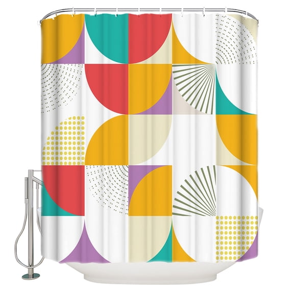Yellow Red Circular Shower Curtain, 36" x 72", Medieval Geometric Abstract Waterproof Bathroom Curtain Washable Shower Curtain Set with 12 Hooks