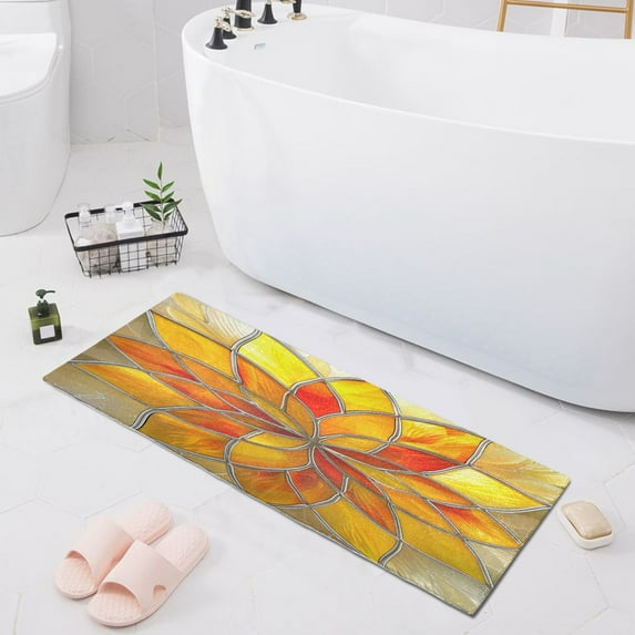 Yellow Red Floral Stained Glass Bath Mat 39x20 Non-Slip Bathroom Rugs Absorbent Soft Plush Quick Dry for Tub Shower Kitchen Home Decor