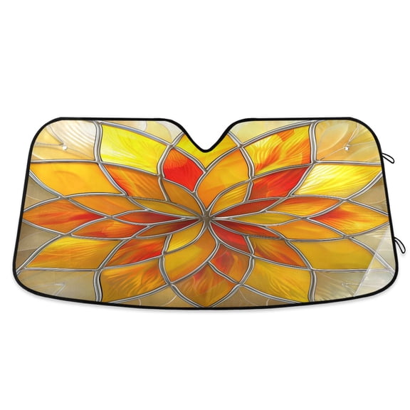 Yellow Red Floral Stained Glass Car Windshield Sun Shade Foldable Car Front Window Visor Heat and UV Protection 53x23.5