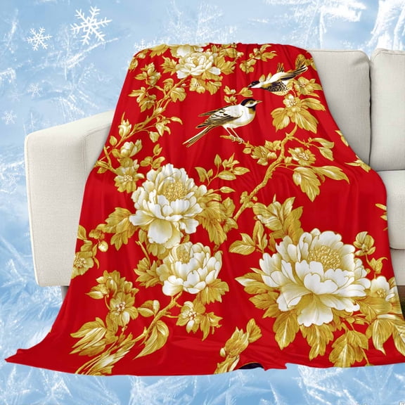 Yellow Red Flowers Cooling Blanket, Lightweight Breathable Summer Throw Blanket with Double Sided Cold Effect, Luxury Spring Floral Birds Picnic Beach Blankets Bed Sheet for Hot Sleepers 50"x60"