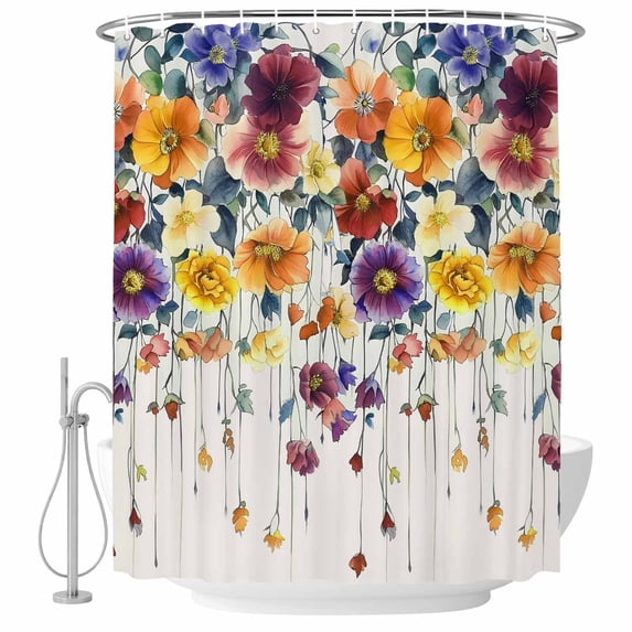 Yellow Red Flowers Fabric Shower Curtain Leaf Plant Washable Shower Curtains for Bathroom, Waterproof Bath Curtain with Hooks Home Decor 72x72in
