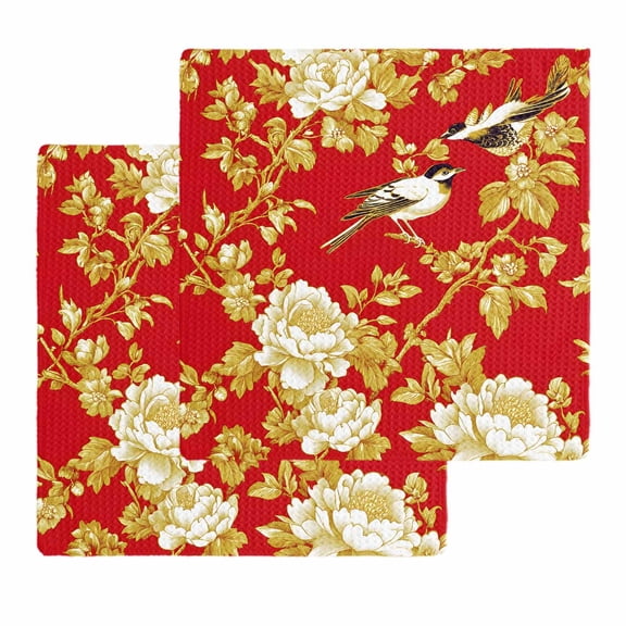 Yellow Red Flowers Kitchen Dish Towels for Drying Dishes Set of 2, Luxury Spring Floral Birds Waffle Weave Microfiber Hand Tea Bathroom Towels Quick Dry & Absorbent Towel 12x12