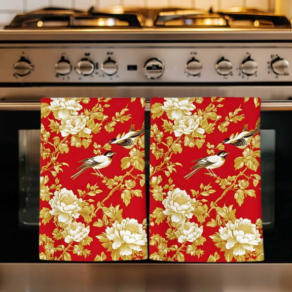 Yellow Red Flowers Kitchen Towels Set of 1, Luxury Spring Floral Birds Absorbent Dish Towels for Kitchen, Microfiber Hand Towel, Quick Drying Tea Towel for Cleaning Decorative Dishcloths