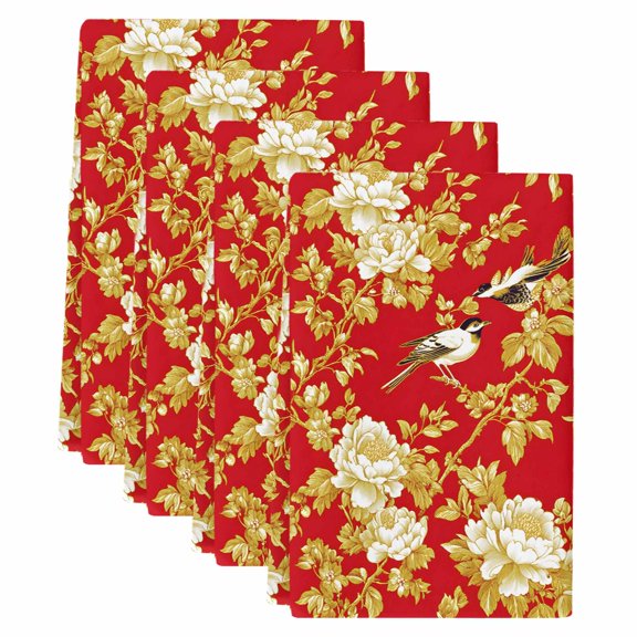 Yellow Red Flowers Kitchen Towels Set of 4, Luxury Spring Floral Birds Soft Microfiber Dish Towels, Absorbent Quick-Dry Washable Dishcloths for Kitchen Cleaning, Drying Dishes, 18x28 Inches