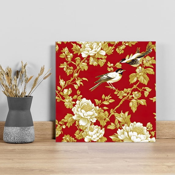 Yellow Red Flowers Wall Art Painting on Canvas, Luxury Spring Floral Birds Canvas Art Home Prints Wall Art Framed Modern Artwork for Living Room Bedroom Wall Decor 8x8in