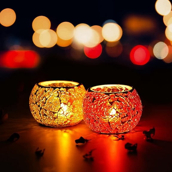 Yellow & Red Mosaic Glass Decorative Tea Light Candle Holders - Tea Light Holders - T Light Candle Holder for Diwali Decoration Items for Home Decor - Christmas Diwali Gifts Set of 2
