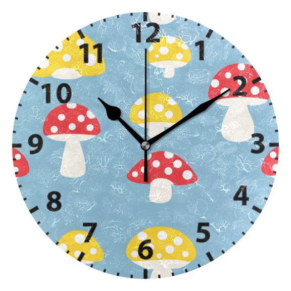 Yellow Red Mushroom Pattern Wall Clock 10in Round Artistic Oil Painting Home Decor Desk Table Clock