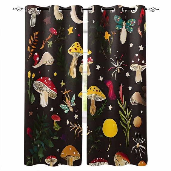 Yellow Red Mushrooms Blackout Curtains 45 Inches Long for Bedroom, Black Forest Botanical Vintage Thermal Insulated Room Darkening Black Out Window Curtain Panels Grommet Drapes for Living Room
