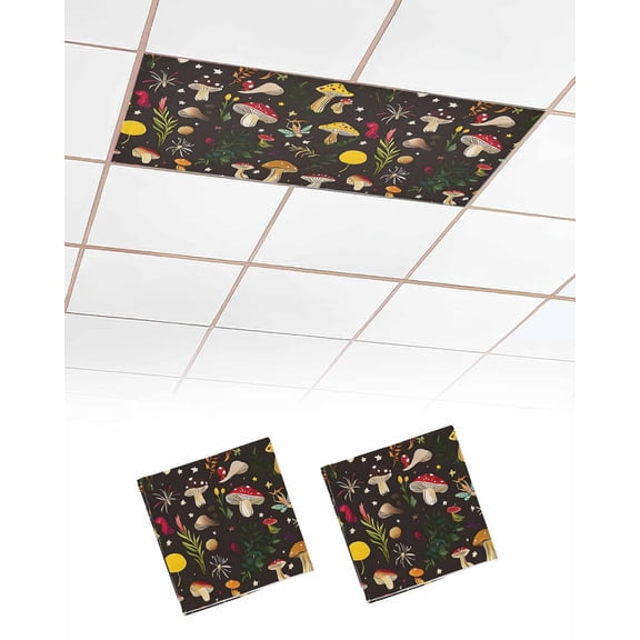 Yellow Red Mushrooms Fluorescent Light Covers for Ceiling Lights 4x2 feet,2 Pack Magnetic Light Filters for Classroom,Black Forest Botanical Vintage Fluorescent Light Shade Panel for Office School
