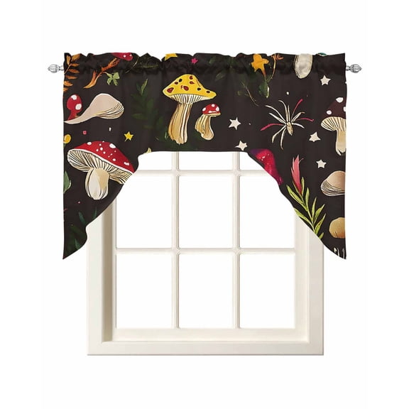 Yellow Red Mushrooms Kitchen Swag Valances for Windows, Black Forest Botanical Vintage Swag Valances Curtains for Living Room, Rod Pocket Window Treatments for Bathroom, Bedroom, Cafe, 56"x36"