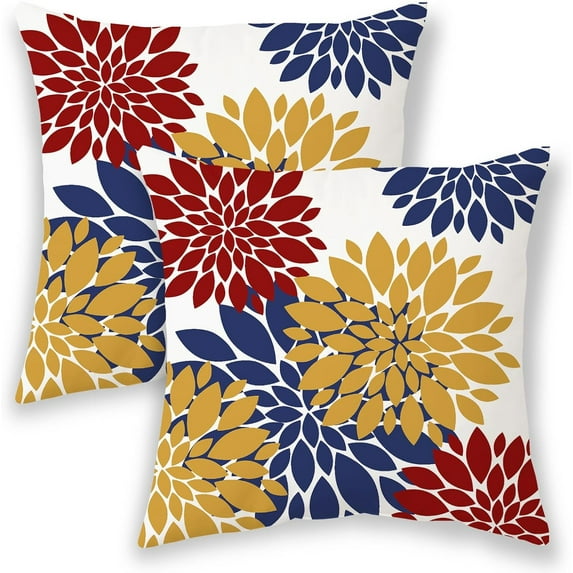 Yellow Red Navy Blue Pillow Covers 18x18 Inch 2 Pcs,Modern Geometric Dahlia Decorative Throw Pillows for Couch,Summer Flower Outdoor Decor Pillowcase Linen Square Cushion Cover Gift for Bed