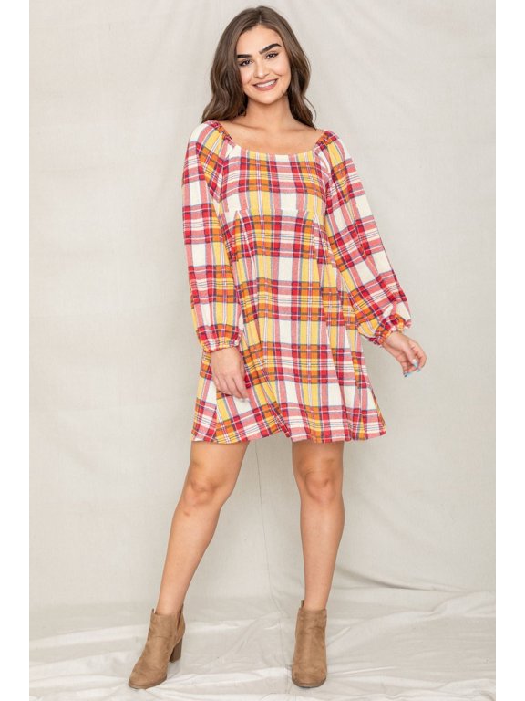Yellow Red Plaid Square Neck Bishop Sleeve Mini Dress