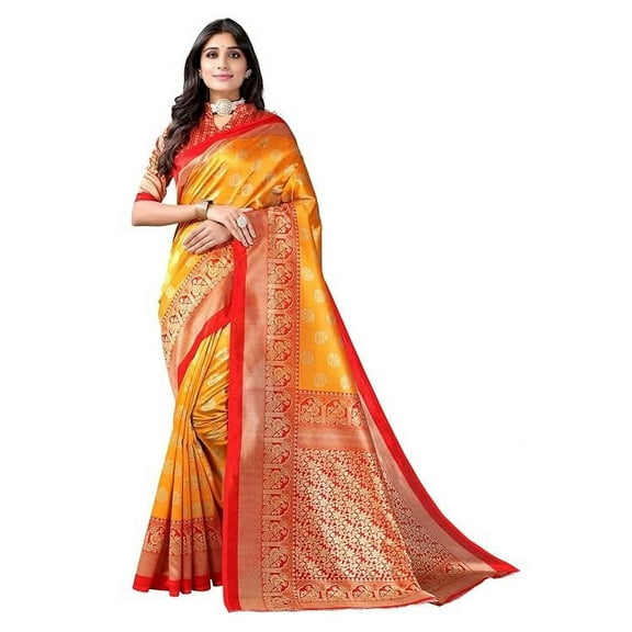 Yellow Red Poly Silk Saree | Saree With Unstitched Blouse | Bollywood Saree | Traditional Saree | Party Wear Saree | Wedding Saree