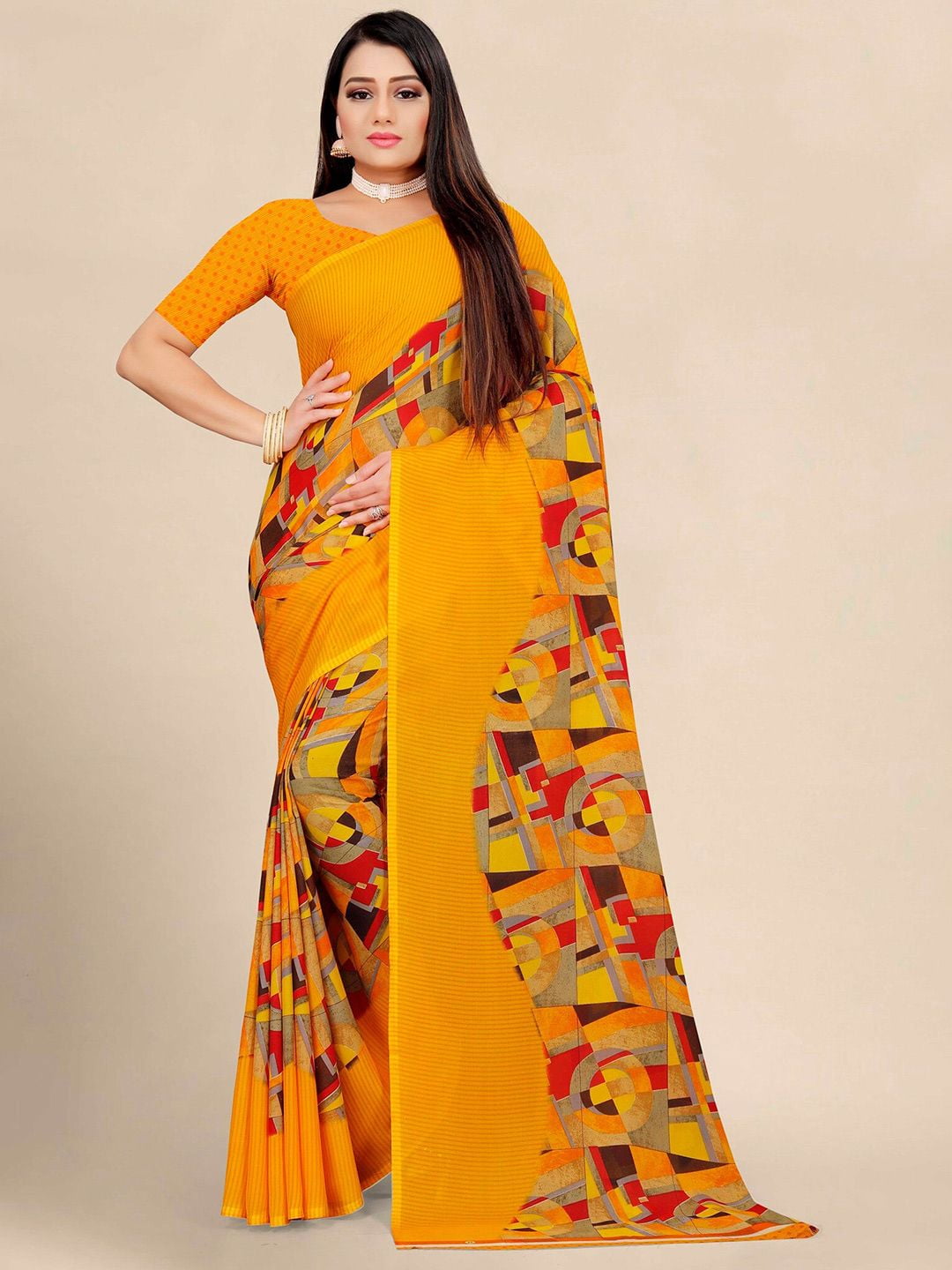 りありあさま専用 Yellow & Red Pure Georgette Block Print Saree - 17842818