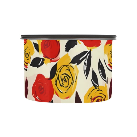 Yellow & Red Rose Flowers Airtight Coffee Bean Canister 17oz Food Storage Containers with Lids For Gournd, Tea, Sugar, Flour, Rice, Cereal, Candy Cookie Jar