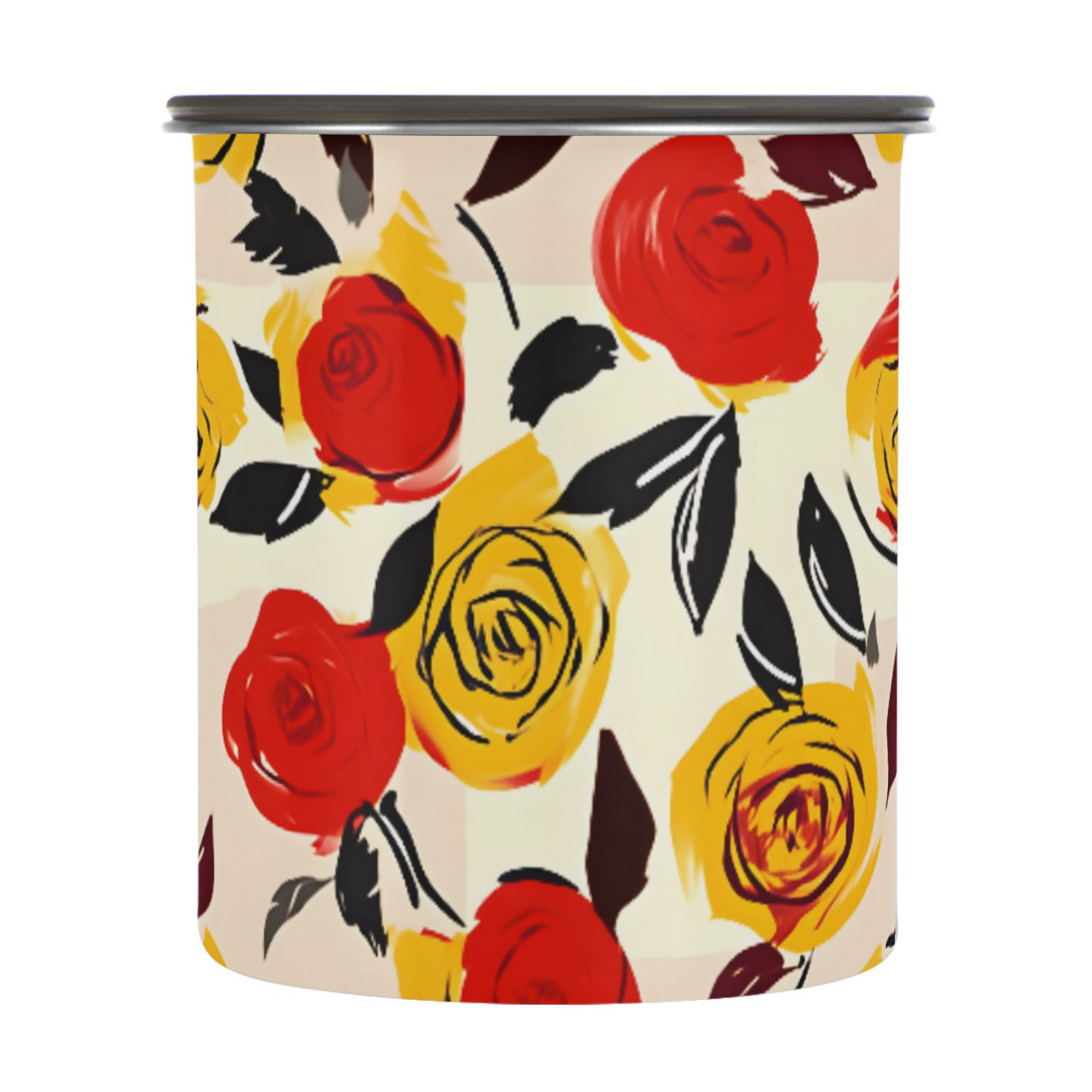 Yellow & Red Rose Flowers Airtight Coffee Bean Canister 30oz Food Storage Containers with Lids For Gournd, Tea, Sugar, Flour, Rice, Cereal, Candy Cookie Jar