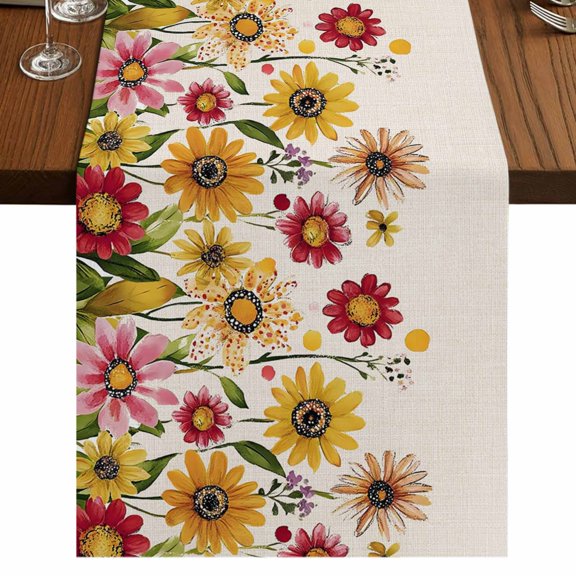 Yellow Red Spring Floral 90 Inch Table Runner, Pastoral Summer Flower Rustic Farmhouse Dresser Scarf Cotton & Linen Tablerunner for Dining/Kitchen Island/Holiday Party Décor 13" x 90"