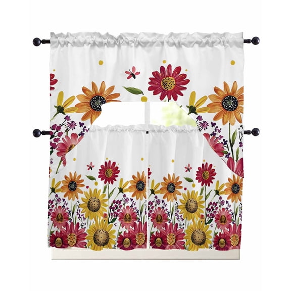 Yellow Red Spring Floral Kitchen Curtains Sets for Windows 3 Piece, Elegant Summer Flower Kitchen Curtains and Valances Tier Set 36 Inch Length Swag Curtain for Living Room Cafe Bathroom Bedroom