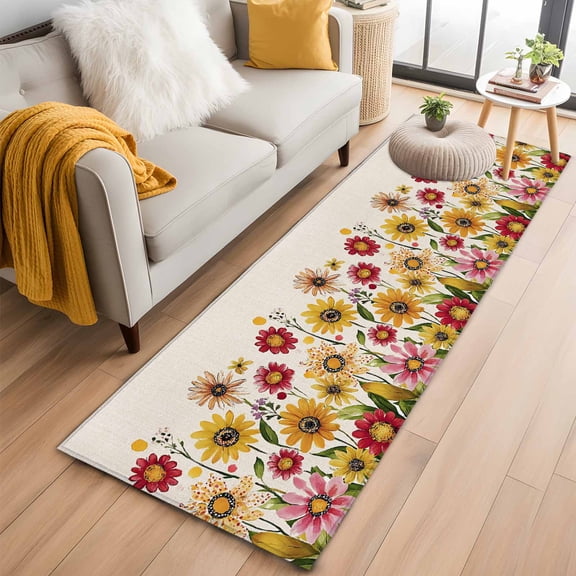 Yellow Red Spring Floral Kitchen Runner Rug 2x6 Washable Runners for Hallway Non Slip Pastoral Summer Flower Rustic Large Area Rug Indoor Floor Carpet for Bathroom Laundry Entryway Bedroom