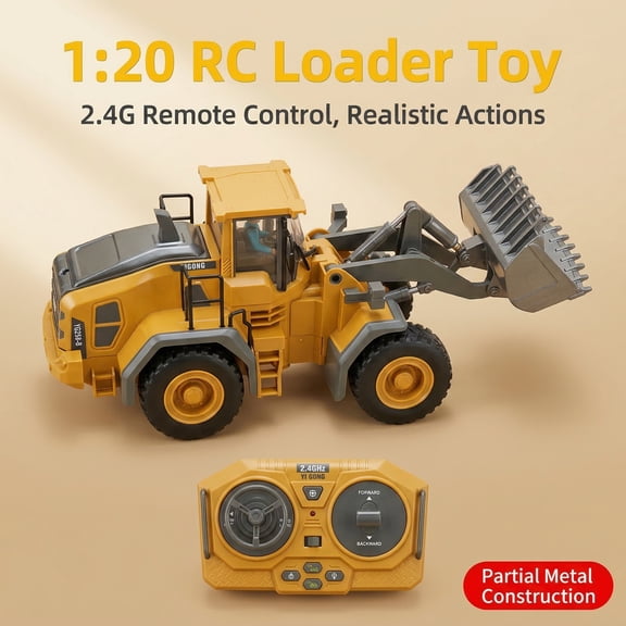 Yellow Remote Control Frontend Loader, 1:20 Scale Alloy Plastic Body, Rotatable Bucket & LED Lights, Battery and Charger Included, Construction Toy for Kids Ages 6+