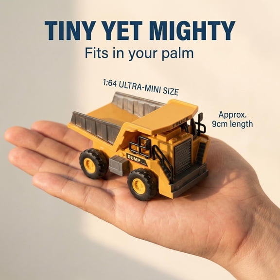 Yellow Remote Controlled Dump Truck, 1:64 Scale Alloy Plastic Hybrid, Rotatable Tipper & LED Lights, Battery and Charger Included, Kids Site Toy Ages 6+