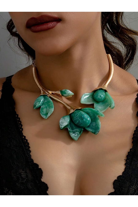 Yellow Resin Magnolia Flower Statement Necklace With Goldtone Branch Design