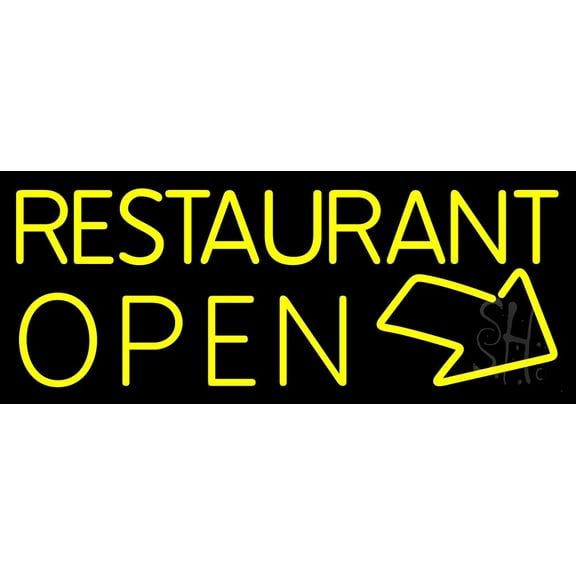 Yellow Restaurant Open With Arrow LED Neon Sign 10 x 24 - inches, Clear Edge Cut Acrylic Backing, with Dimmer - Bright and Premium built LED Neon Sign for restaurant window and interior decor.