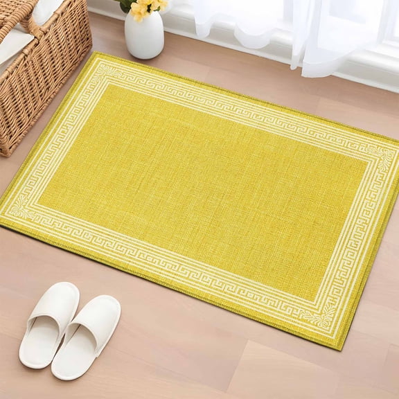 Yellow Retro Greek Key Bathroom Rug Washable 2x3 Entryway Rug Non Slip Geometric Greece Ancient Rustic Front Door Mat Low Pile Indoor Doormat Throw Floor Carpet for Kitchen Bedroom Entrance