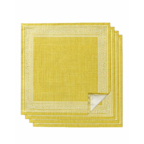 Yellow Retro Greek Key Cloth Napkins Set of 4 Reusable Dinner Napkins, Geometric Greece Ancient Rustic Cocktail Napkin Washable Table Napkins for Wedding/Holiday Party/Baby Shower 20"x20"