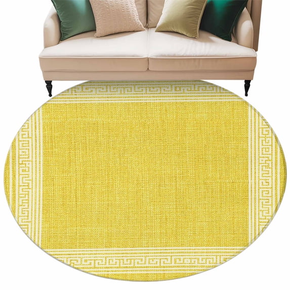 Yellow Retro Greek Key Large Area Rugs for Bedroom Living Room, Soft Non Slip Carpet Bedside Rug, Geometric Greece Ancient Rustic Round Floor Cover Kitchen Accent Rug 6' for Dining Room/Office