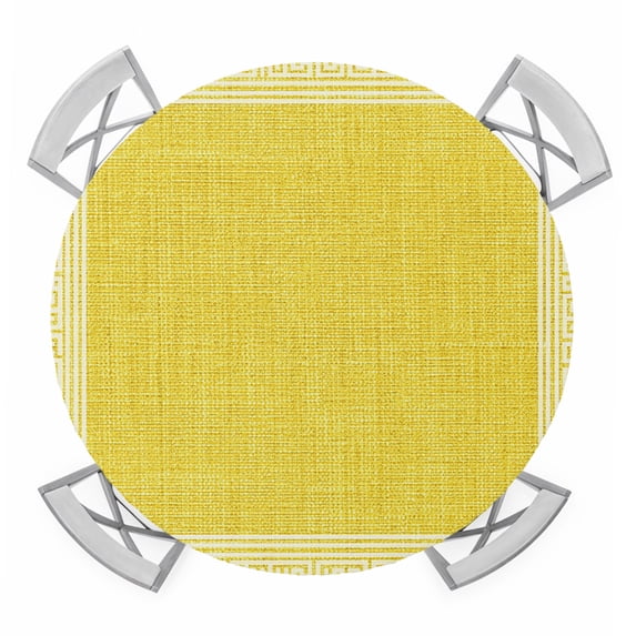 Yellow Retro Greek Key Round Tablecloth for 55-60 Inch Tables,Fitted Table Cover with Elastic Edge,Geometric Greece Ancient Rustic Waterproof Outdoor Table Cloth Protector for Patio Garden Dinner