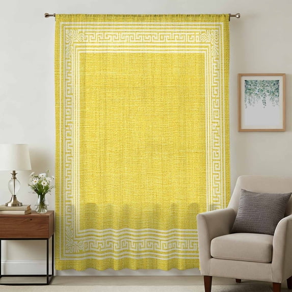 Yellow Retro Greek Key Sheer Curtains 84 Inches Long, Geometric Greece Ancient Rustic Light Filering Curtains, Breathable Simi Curtain Privacy Drapes for Living Room Bedroom Window Treatment