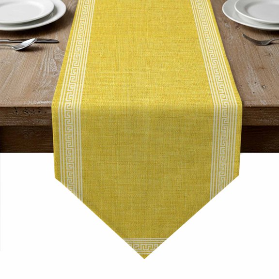 Yellow Retro Greek Key Table Runner Linen Burlap Table Runner 36 Inches Small Geometric Greece Ancient Rustic Dresser Scarves for Kitchen Island Coffee Dining Room Party Holiday Decoration 13"x36"