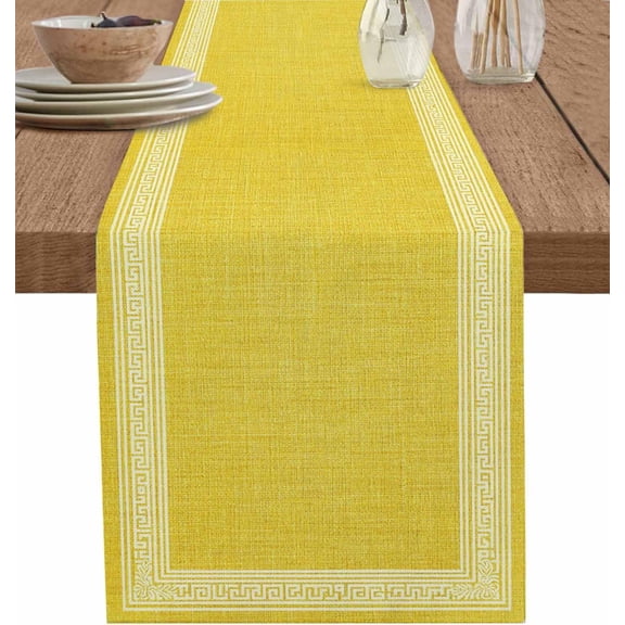 Yellow Retro Greek Key Table Runners 108 Inches Long, Cotton Linen Fabric Table Runner Geometric Greece Ancient Meander Fret Tablerunner for Party/Kitchen/Dinner 13.8x108