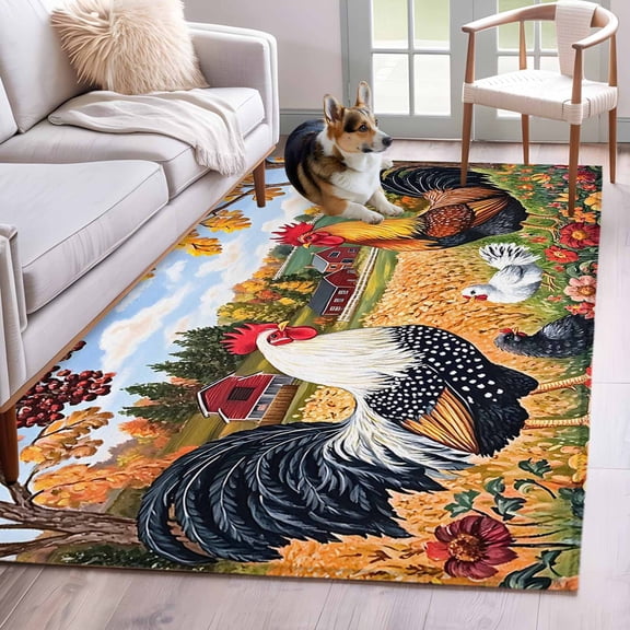 Yellow Retro Rooster Area Rug 3x5 Washable Rug Non Slip Elegant Spring Floral Animals Large Area Rug Indoor Floor Carpet for Entryway Bedroom Kitchen Living Room Home Office Dining Room Nursery