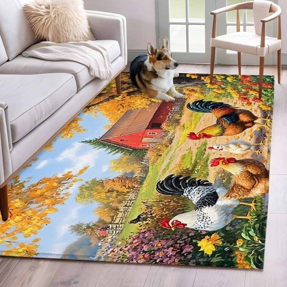 Yellow Retro Rooster Area Rug 4x6 Washable Rug Non Slip Spring Floral Pastoral Animals Large Area Rug Indoor Floor Carpet for Entryway Bedroom Kitchen Living Room Home Office Dining Room Nursery