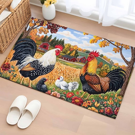 Yellow Retro Rooster Bathroom Rug Washable 2x3 Entryway Rug Non Slip Elegant Spring Floral Animals Front Door Mat Low Pile Indoor Doormat Throw Floor Carpet for Kitchen Bedroom Entrance