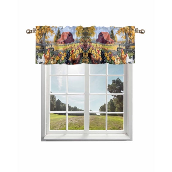 Yellow Retro Rooster Curtain Valance for Windows/Living Room/Kitchen/Bathroom/Café, Short Rod Pocket Tier Curtain Window Treatment Panel Spring Floral Farmhouse Animals Topper Curtain 42''x12''