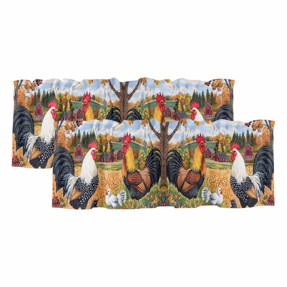 Yellow Retro Rooster Curtain Valances for Windows, Kitchen Valance Window Treatments Panel 2 Pack, Elegant Spring Floral Animals Rod Pocket Short Curtains for Bathroom Bedroom 42 x 12 Inch