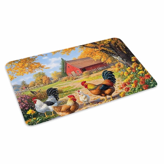 Yellow Retro Rooster Doormat Outdoor Entrance 24"x36", Spring Floral Pastoral Animals Absorb Moisture Dirt Door Mats, Non-Slip Rubber Backing Floor Mats Indoor, Low-Profile Front Door Rugs
