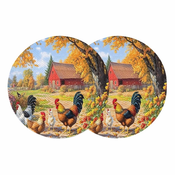 Yellow Retro Rooster Round 13 Inch Placemats Set of 2, Spring Floral Pastoral Animals HeatResistant Non Slip Place Mats for Dining Table, Wipeable Braided Kitchen Table Mats for Housewarming