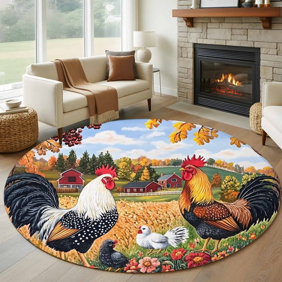 Yellow Retro Rooster Round Rug 5ft Washable Circle Kitchen Rugs Non Slip Elegant Spring Floral Animals Large Area Rug Indoor Floor Carpet for Bedroom Living Room Home Office Dining Room Nursery