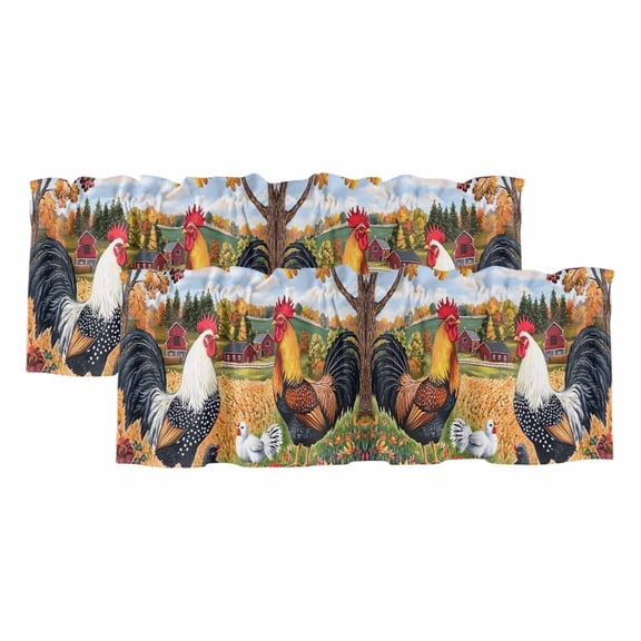 Yellow Retro Rooster Valances for Windows, Decorative Rod Pocket Window Valance Curtains, Elegant Spring Floral Animals Short Curtain Drapes for Kitchen/Bathroom/Living Room, 2 Panels, 42" W x 12" L