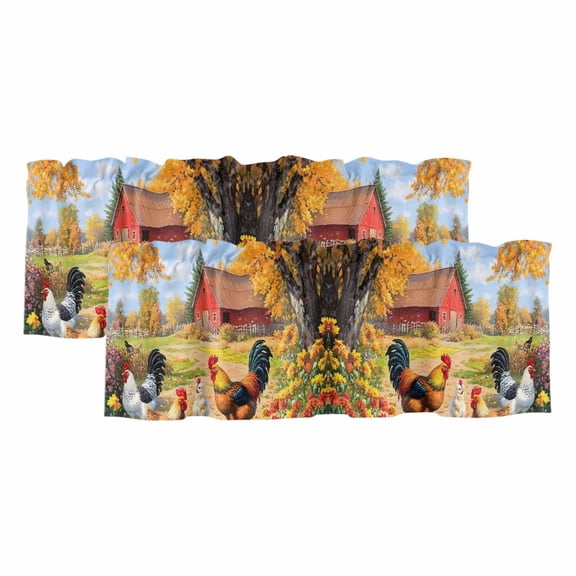 Yellow Retro Rooster Valances for Windows, Decorative Rod Pocket Window Valance Curtains, Spring Floral Pastoral Animals Short Curtain Drapes for Kitchen/Bathroom/Living Room, 2 Panels, 42" W x 12" L
