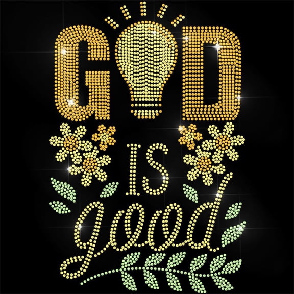 Yellow Rhinestone Iron on Transfer GOD is Good Bling Diamond Hotfix Patches for Clothes 11.6"x8.2" Large Iron On Sequin Applique for Jeans Jacket Caps Bag T-Shirts Shoes DIY Decor