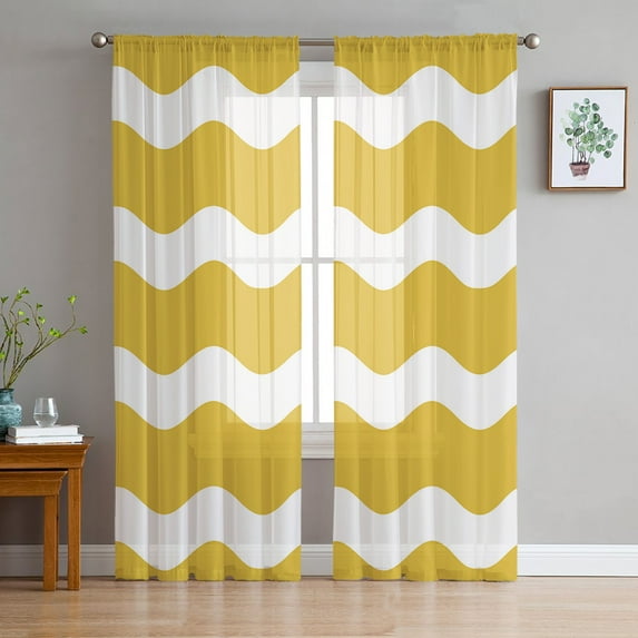 Yellow Ripple Sheer Curtains 96 Inches Long 2 Panels Set, Window Sheer Curtains for Living Room/Bedroom, Simple Yellow White Waves Aesthetics Light Filtering Rod Pocket Curtain 52'' x 96'' x 2