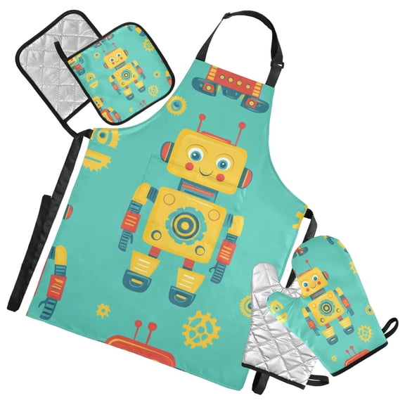 Yellow Robots Gears Cartoon Apron Set with Oven Mitts Pot Holders Set of 5 Kitchen Stuff Accessories