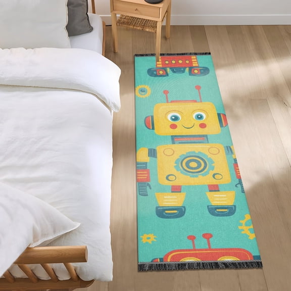 Yellow Robots Gears Cartoon Bedside Runner Rug 2'x 6' Non Slip Carpet Floor Mat Area Rug