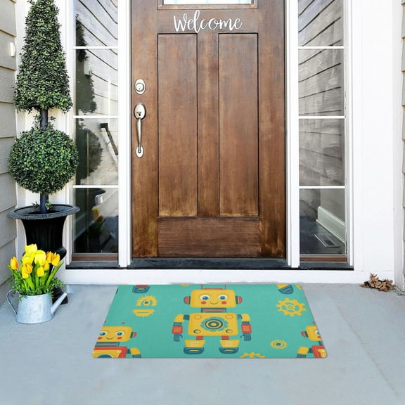 Yellow Robots Gears Cartoon Doormats Welcome Mats Gate Pads Entryway Outdoor 32" x 20"
